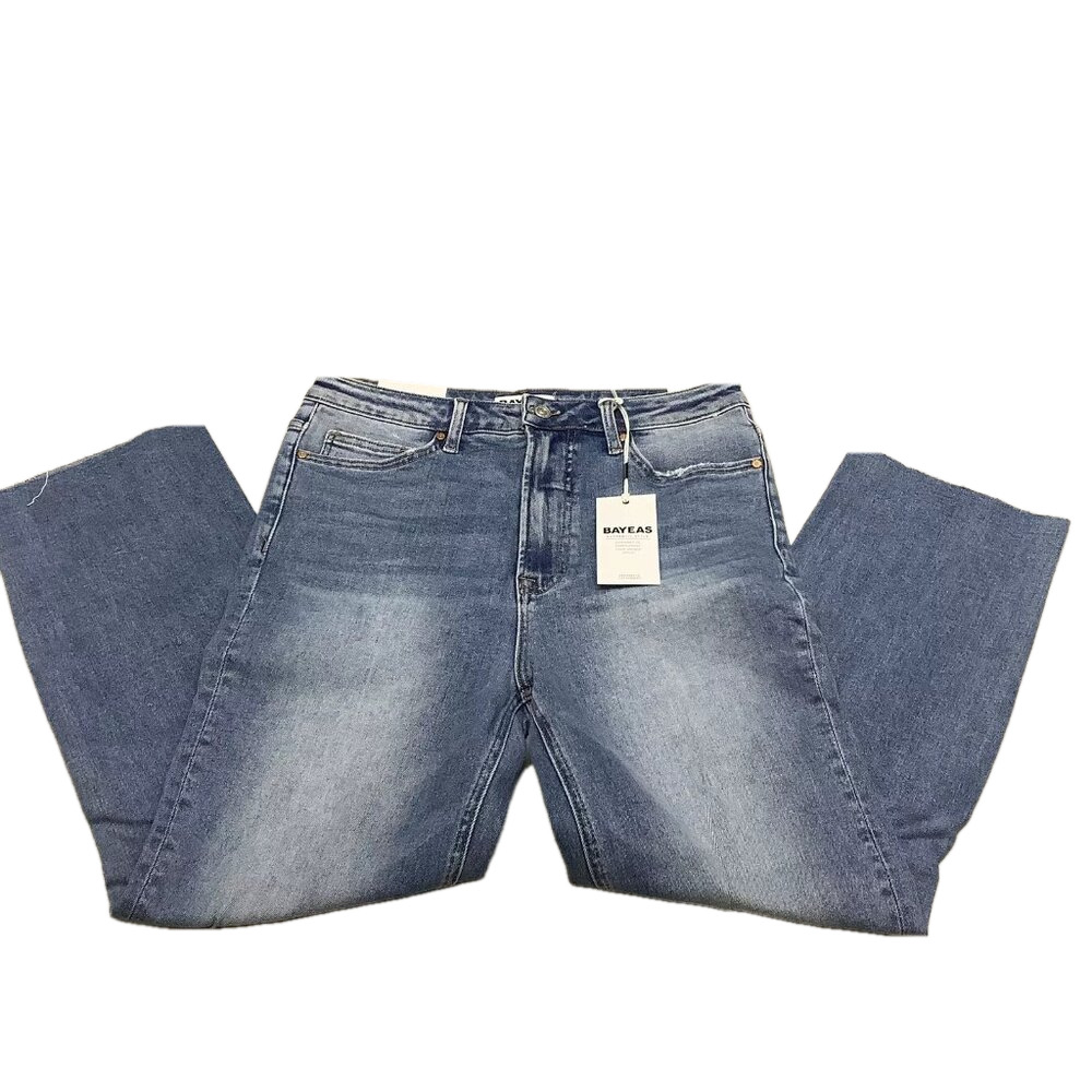 NEW BAYEAS Women's Jeans High Rise Slim Straight W/ Raw Hem Size 30 Blue